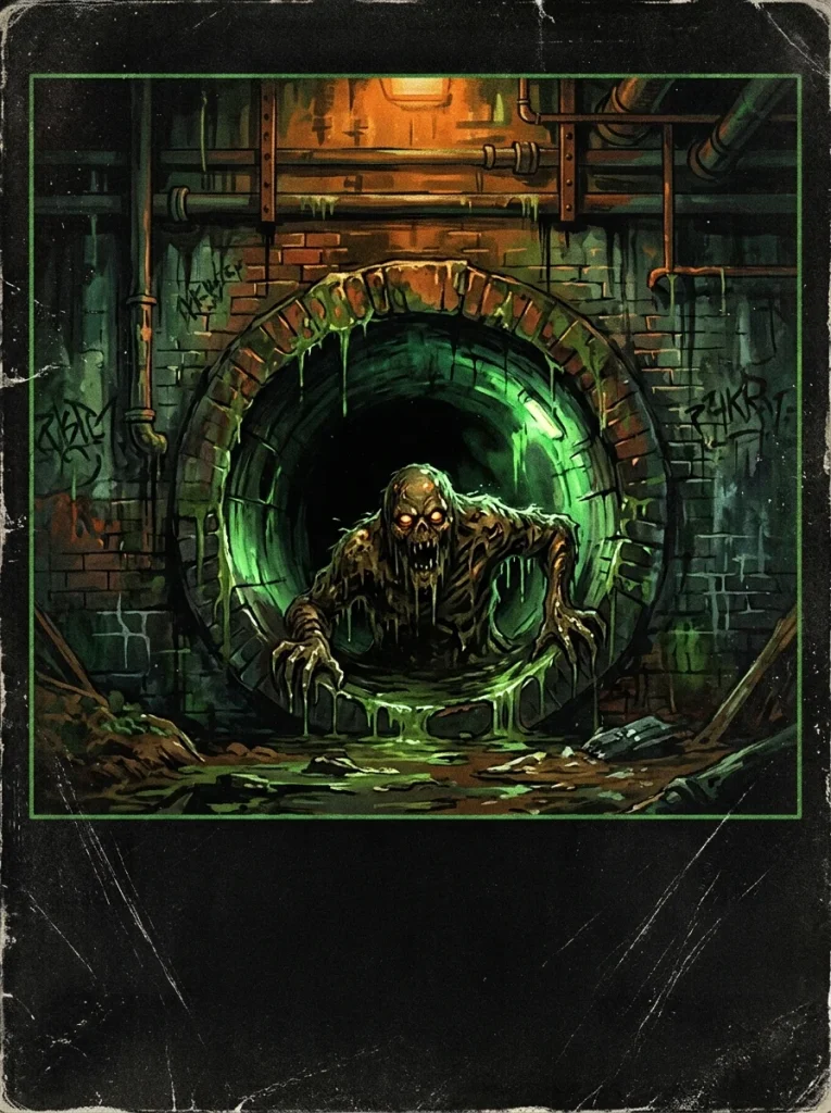 Retro horror movie poster style illustration representing 1980s creature-feature origins